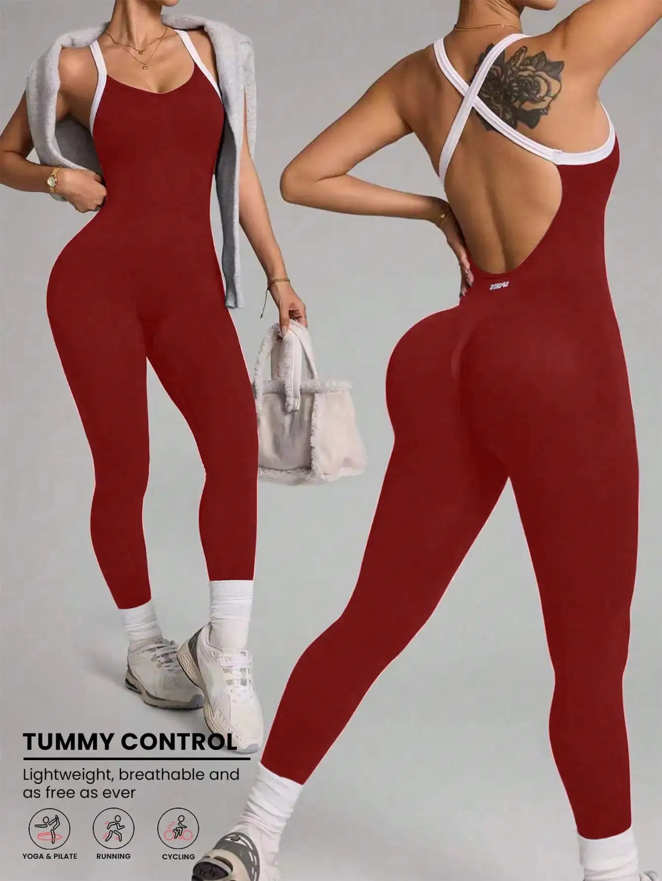 Cross-strap red seamless yoga jumpsuit with white back straps; front and back views, by Simples Market