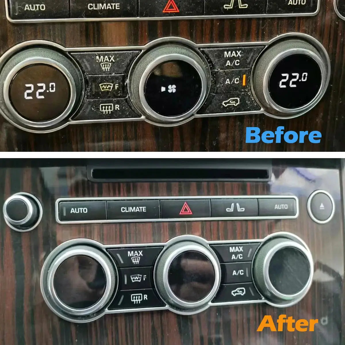 Simples Market car button refurbishment kit for aging dashboard plastics; before/after climate control panel makeover.