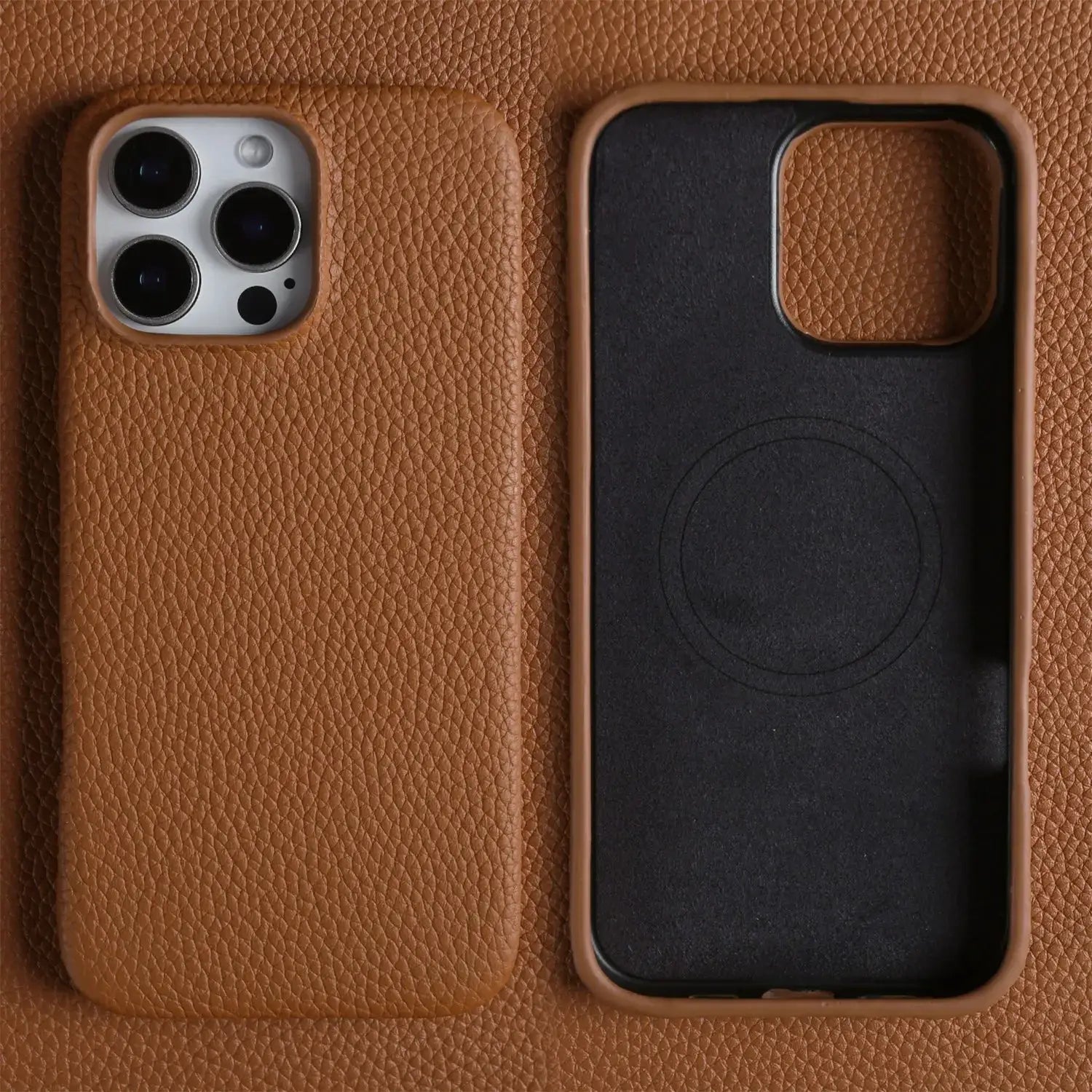 Luxury magnetic leather iPhone case by Simples Market, tan brown full-wrap design compatible with MagSafe