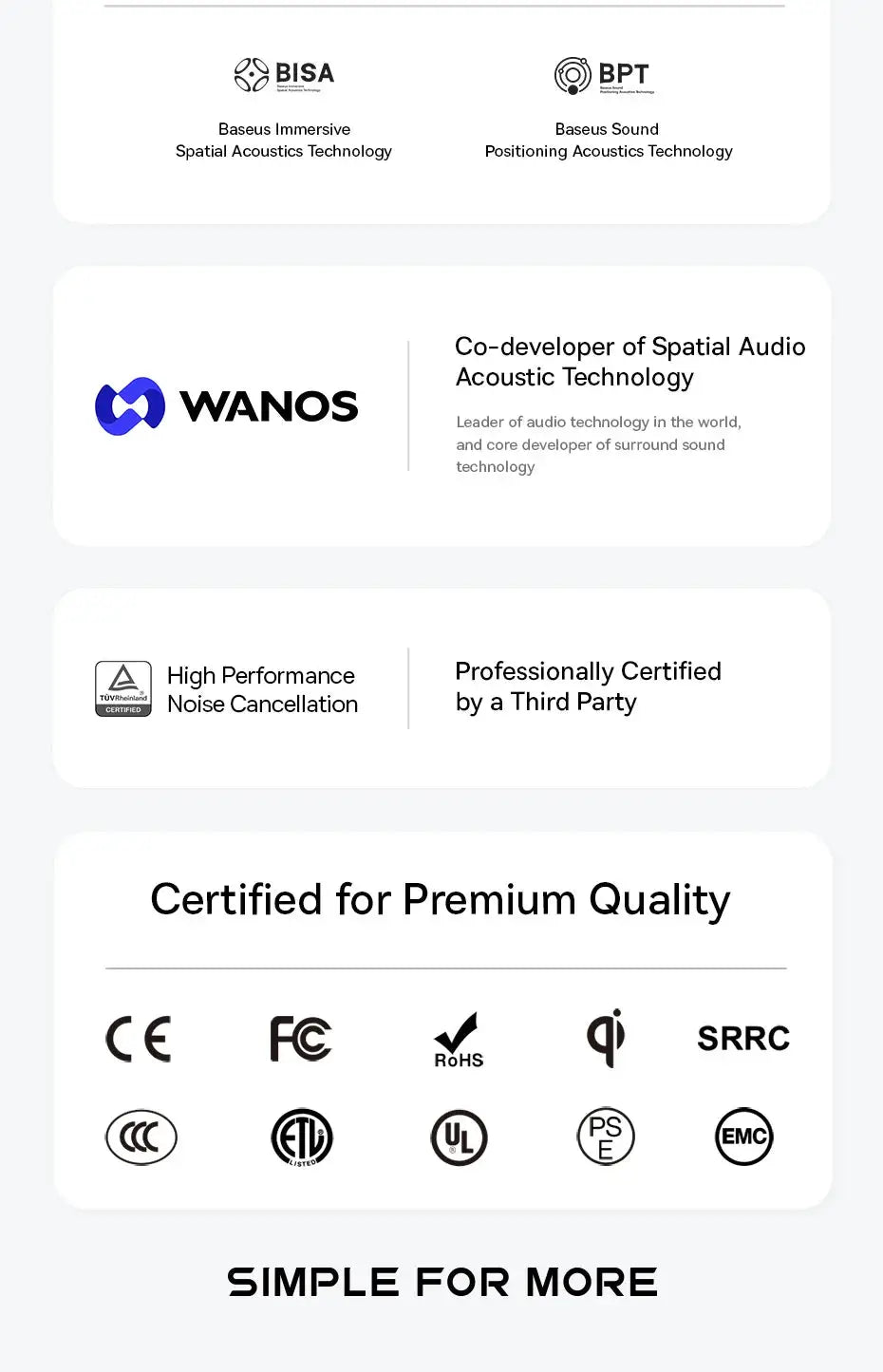 Baseus EP10 Pro ANC Earbuds certification panel showing Baseus and WANOS logos with premium marks (CE, FCC, RoHS, UL).