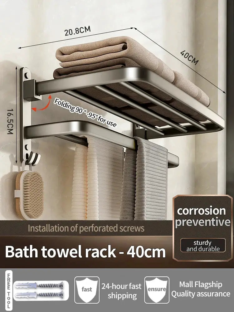 Gray/black folding aluminum towel rack with hook, wall-mounted, 50–60 cm.