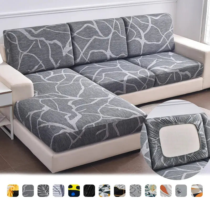 Stretch couch cushion slipcovers for sofa cushions in grey with white abstract pattern, anti-slip protection.