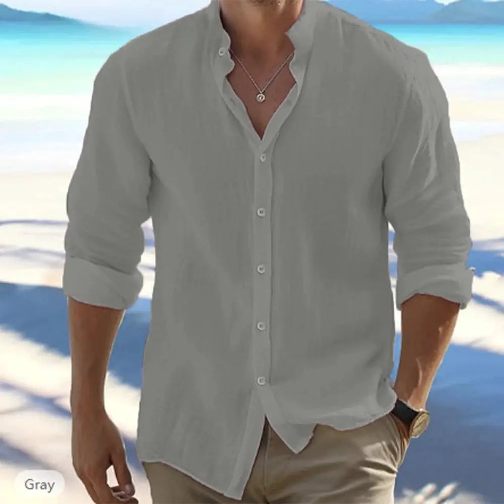 Cotton Linen Mens Long Sleeve Shirt Stand Up Collar Casual Beach Summer Solid Color Plus Size