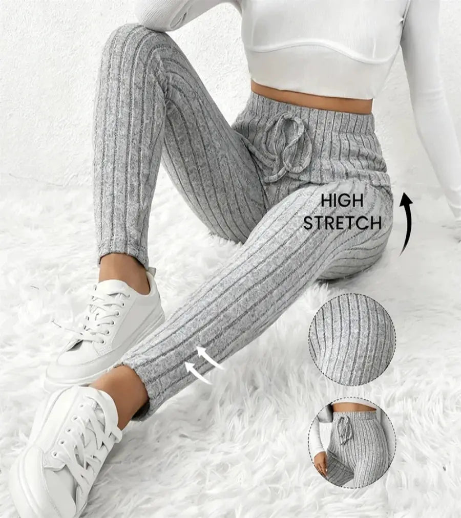Women's ribbed knit leggings with elastic drawstring waist, gray, Simples Market