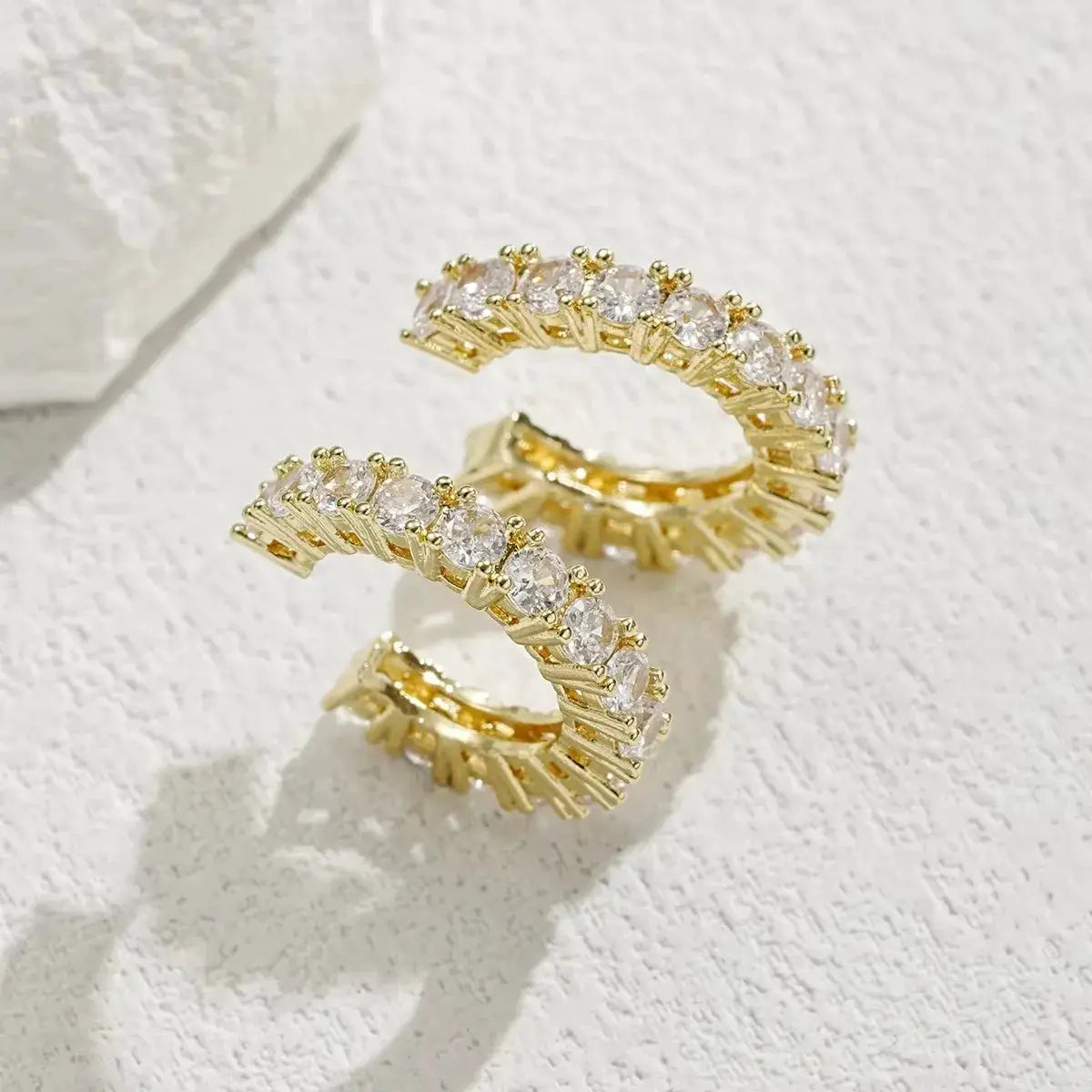 2Pcs gold-tone ear cuffs with clear rhinestones, curved C-shape ear wraps for non-pierced ears, Simples Market