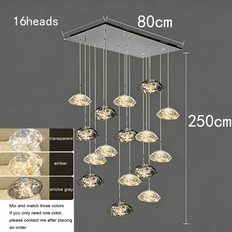 Simples Market 16-head glass pendant chandelier for dining room with transparent, amber or smoke gray shades.