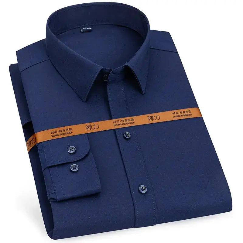 Simples Market men's navy blue long-sleeve dress shirt, slim fit, solid color, folded