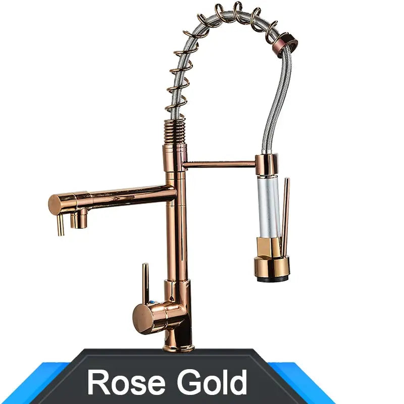 Rozin rose-gold and black spring pull-down kitchen faucet with dual spouts by Simples Market