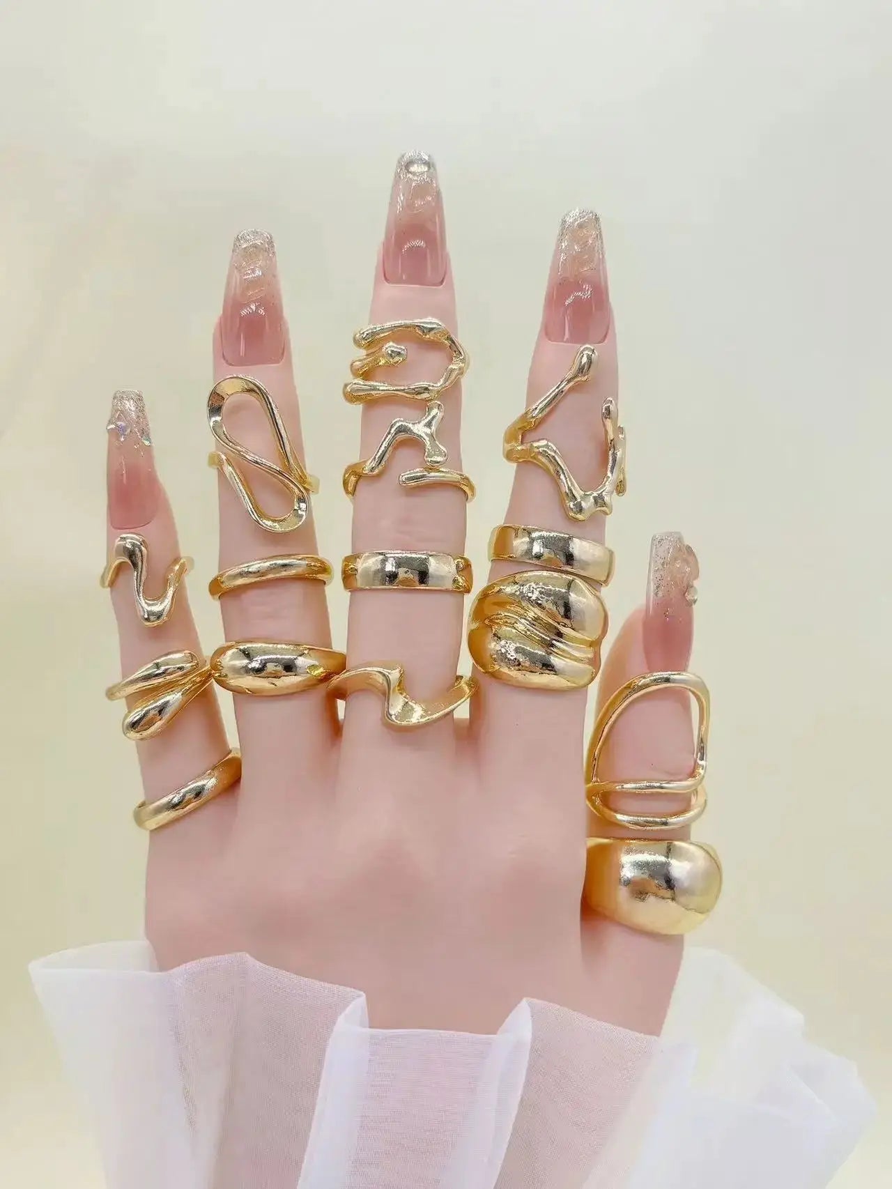 Retro Geometric Pearl Ring Set For Women With Gold Plating Opening Flower Rings Gift