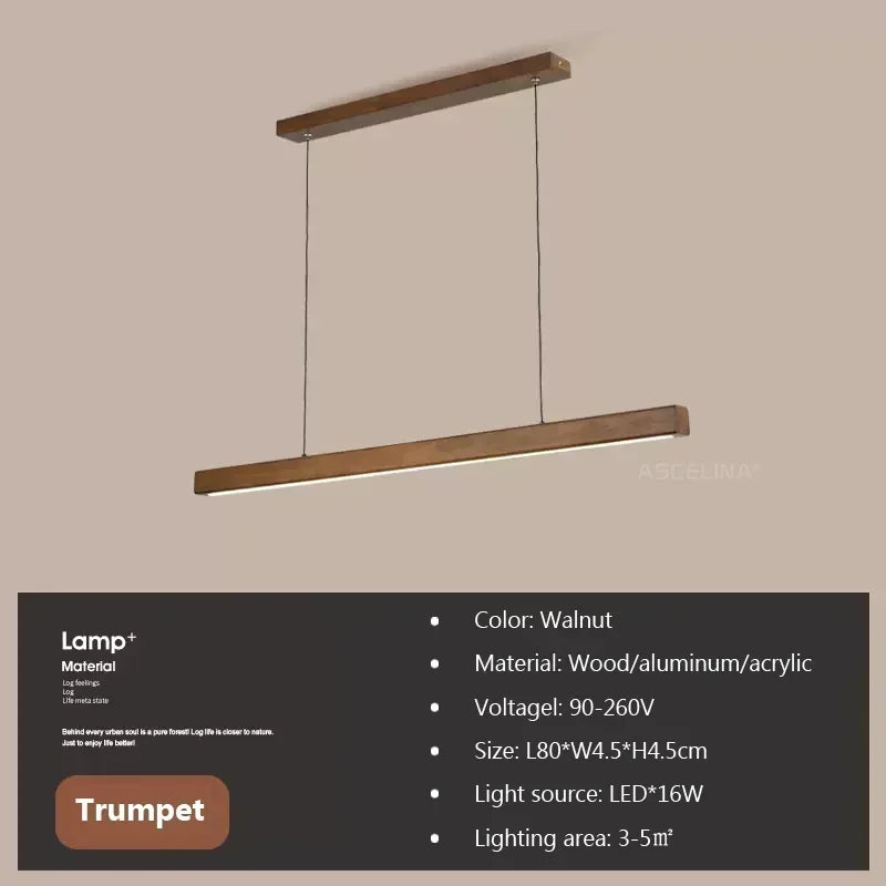 DAMIASMIL LED pendant light by Simples Market in walnut wood, long strip chandelier for living/dining rooms