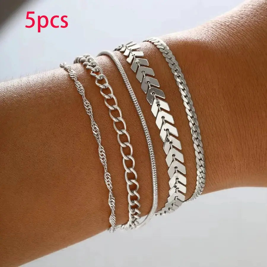 5 Or 15 Pcs Set Silver Chain Bead Bracelets For Women Simple Elegant Jewelry For Vacation Beach Party Casual Wear