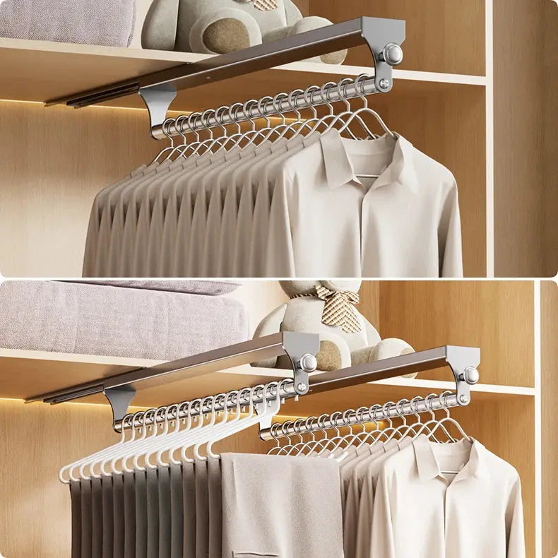 Pull-out trouser hanger organizer by Simples Market; silver metal non-slip hangers for space-saving closet storage.