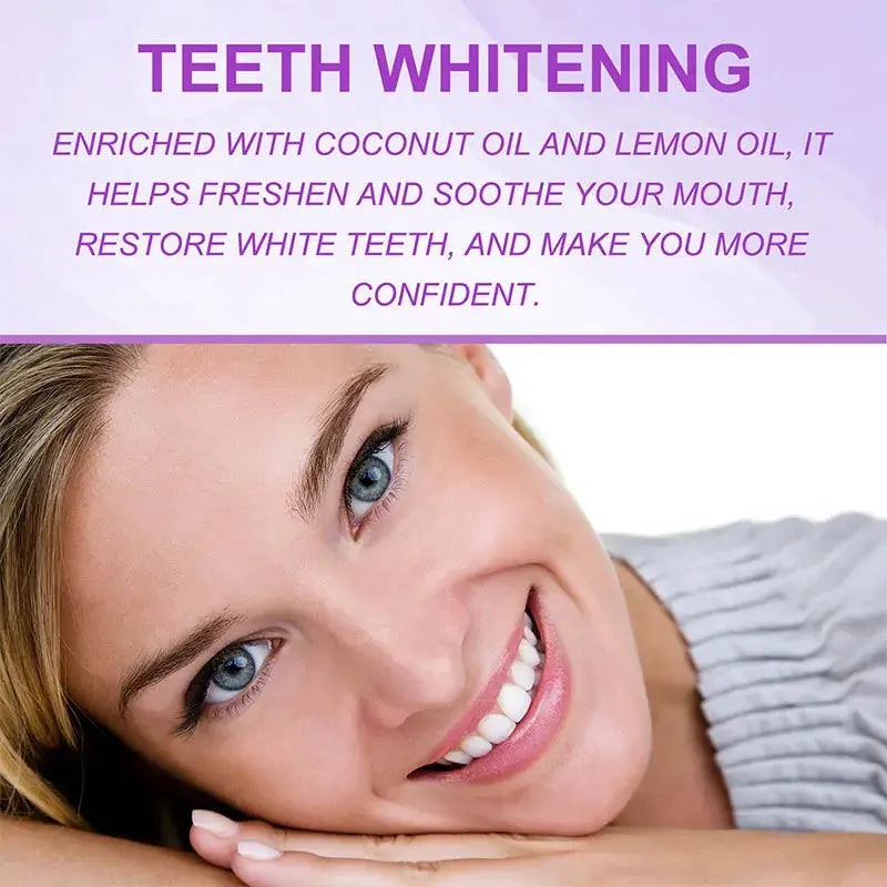 Teeth whitening strips banner with purple branding and a smiling woman showing bright teeth
