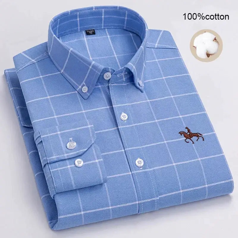 Men's blue 100% cotton oxford shirt with white grid checks and small horse embroidery