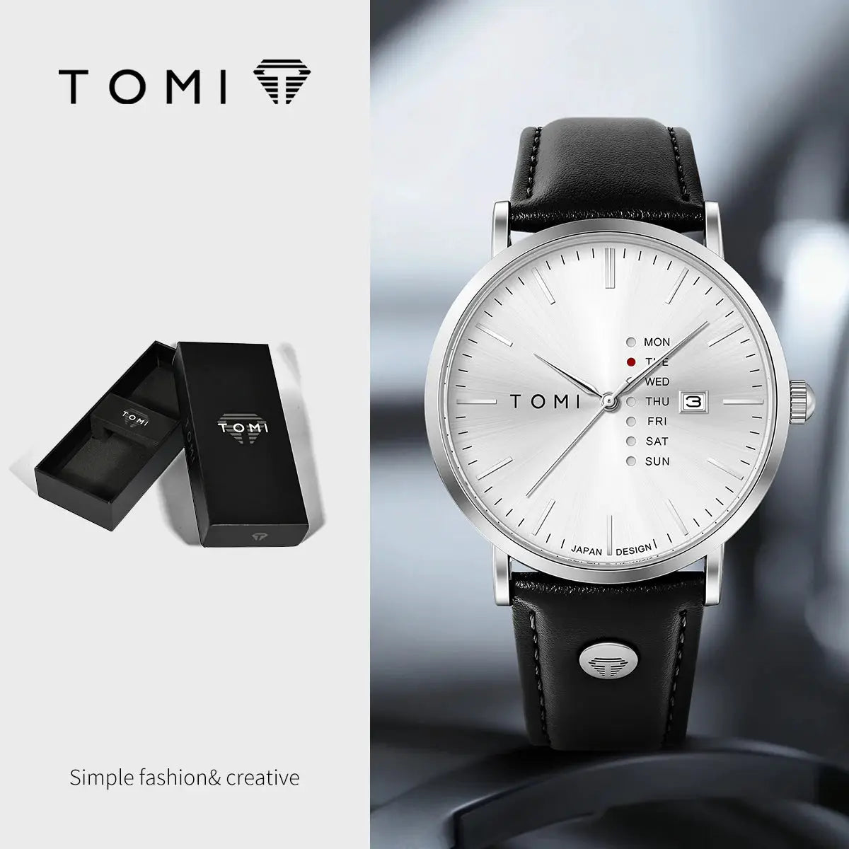 TOMI men's wristwatch with silver dial, black leather strap and weekday calendar; includes two TOMI packaging boxes