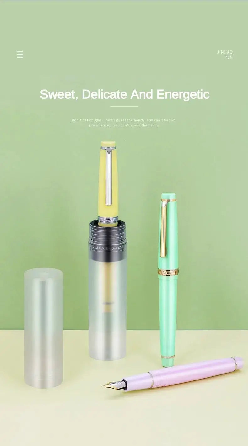 Jinhao 82 pastel fountain pens set with three colors: yellow, mint green and lavender, with silver and gold trim