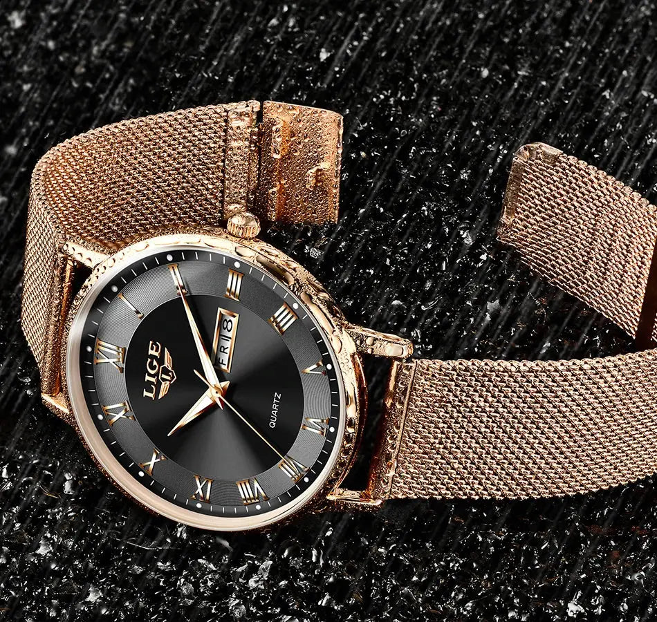 LIGE women's luxury quartz watch with rose-gold mesh bracelet, black dial with Roman numerals and day-date window