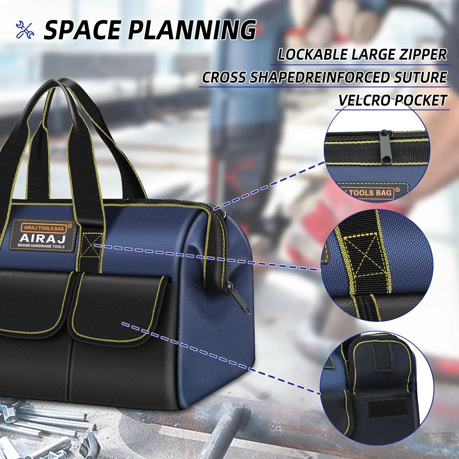 Simples Market AIRAJ multifunctional tool bag in blue and black 1680D Oxford cloth with yellow stitching and handles
