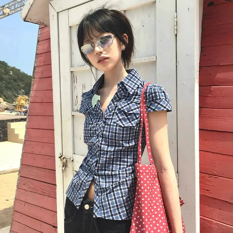 Y2K plaid shirt with V-neck blue, short sleeves for women