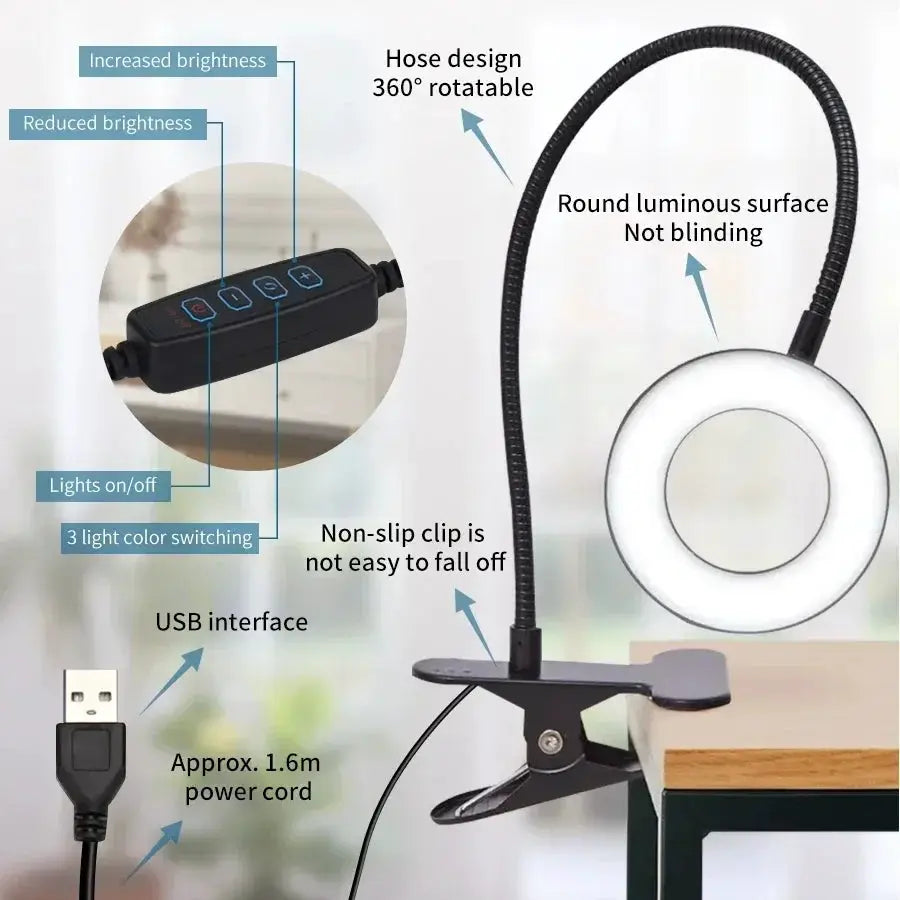 LED desk clip study lamp with USB, black, adjustable gooseneck and ring light, 3-color options, clamp mount