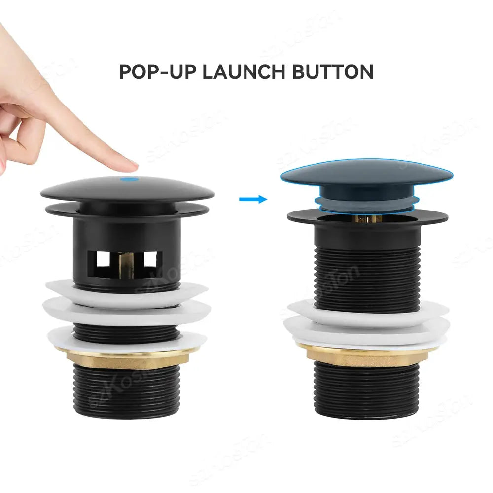 Simples Market pop-up drain button for bathroom sink, black with blue center and threaded waste stopper.