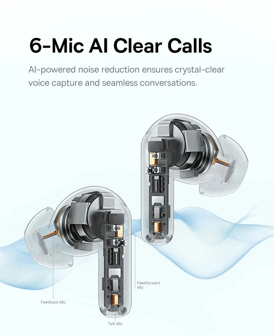 Baseus BP1 Pro wireless earbuds, transparent shells; two units visible with exposed internal components