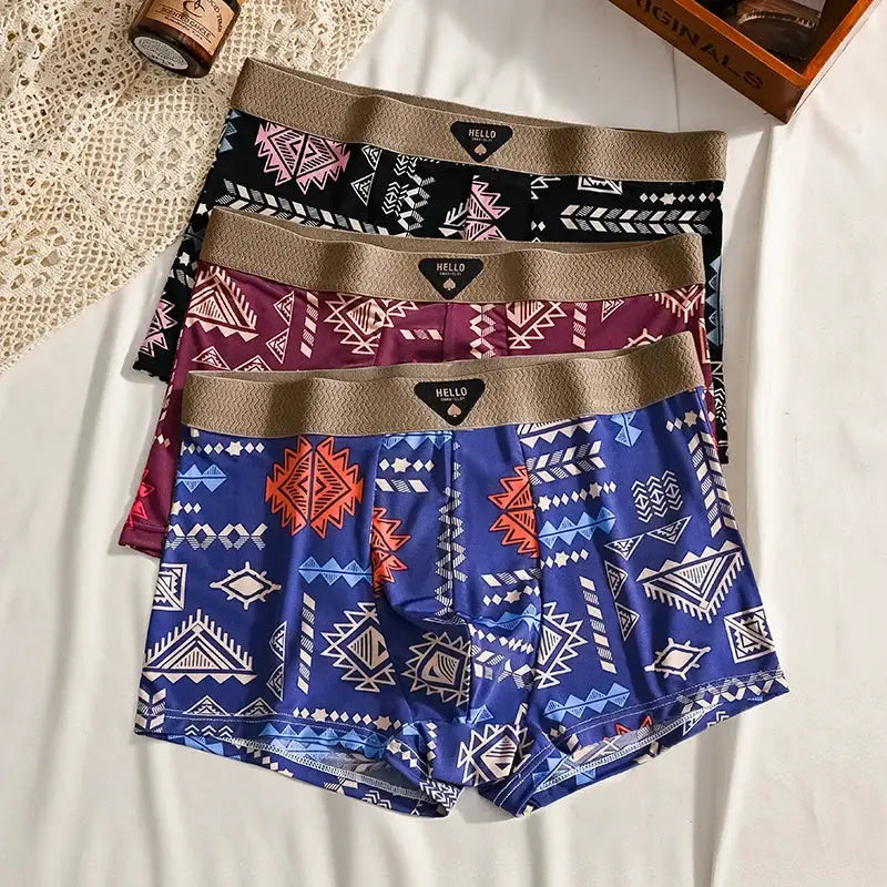 4-pack men's boxer shorts with geometric prints in blue, purple, maroon, and black; Simples Market waistband