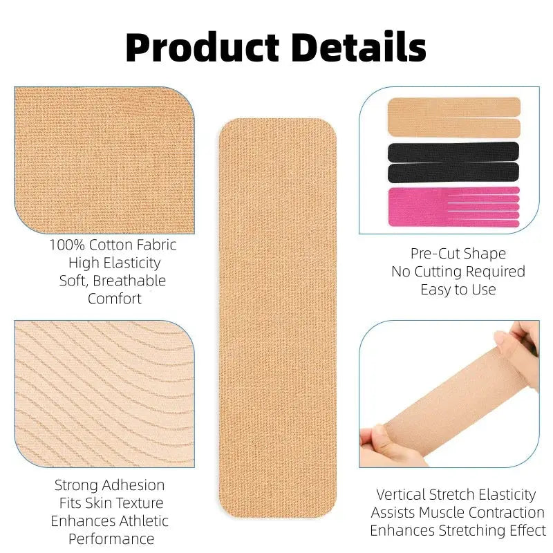 Simples Market kinesiology tape, 1pc pre-cut for knee and posterior thigh; tan cotton fabric with strong adhesion.