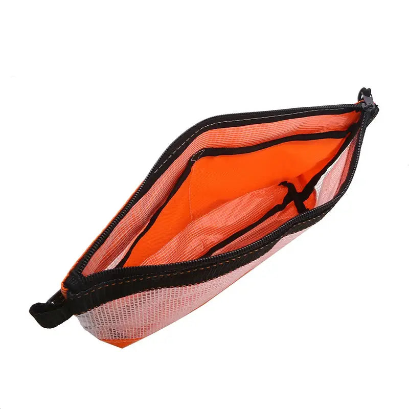 Transparent PVC waterproof organizer pouch with orange interior and black zipper.