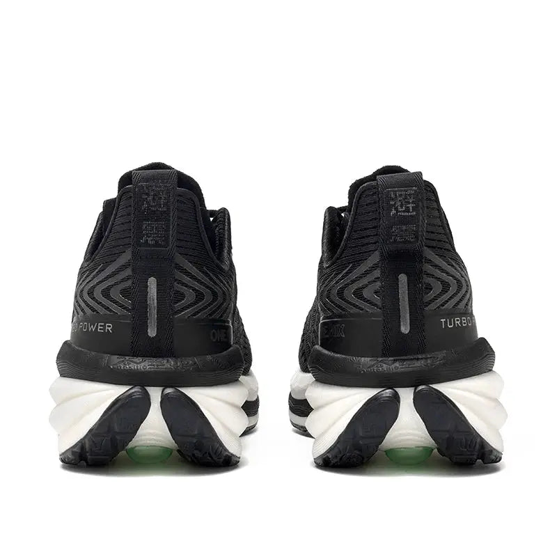 ONEMIX men's running shoes pair in black breathable mesh with white air-cushioned sole and green heel accents