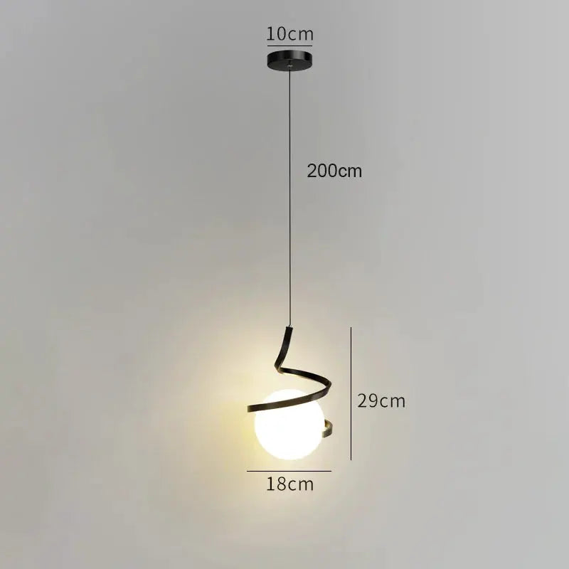 Nordic LED pendant light with a spiral black metal ring around a globe bulb, 200cm cord, Simples Market.