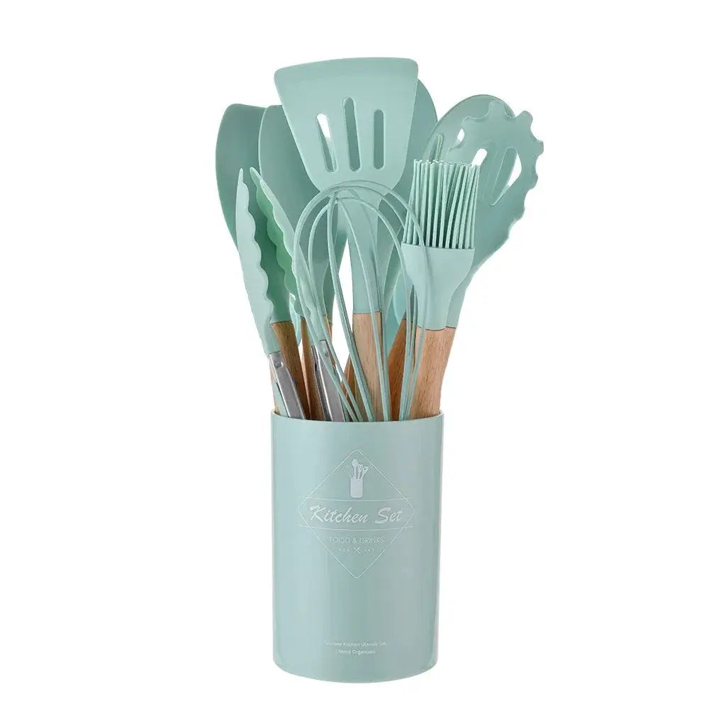 ChefGlow 12-Piece Silicone Kitchen Utensil Set With Nonstick Heat-Resistant Heads And Wooden Handles