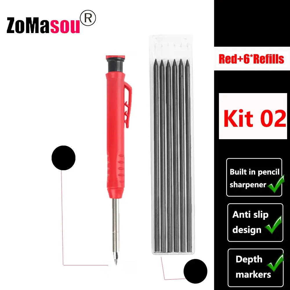 ZoMa sou carpenter mechanical pencil, red with long head, includes 6 refills