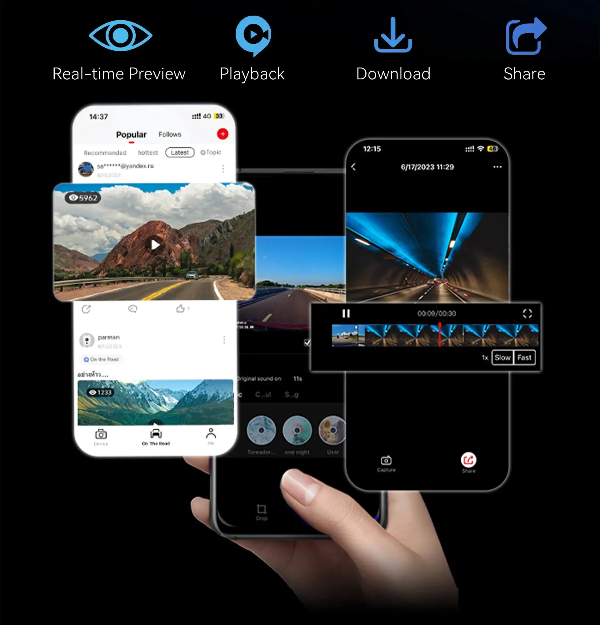 Pictrey A400 4K dash cam marketing collage; smartphones show app screens and playback UI.