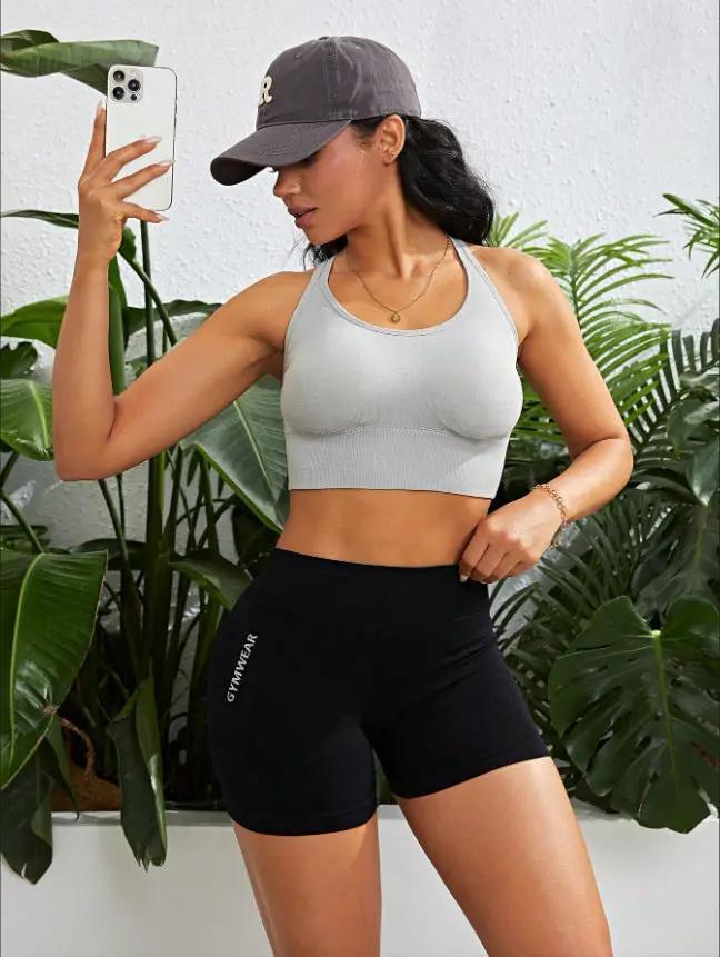 Fitness shorts black high-waisted with GYMWEAR logo on the thigh