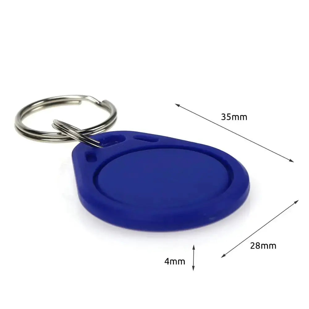 Blue RFID access control key fob with a metal split ring, 35mm diameter and 4mm thick.
