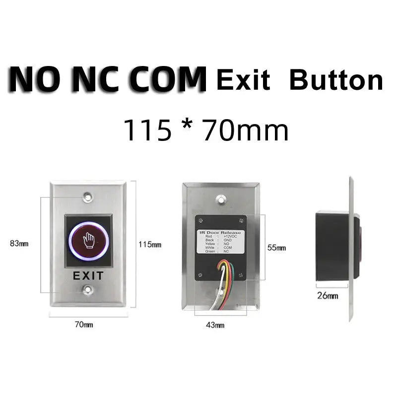Simples Market infrared exit button with LED ring on stainless plate, 115x70mm, NO/COM/NC door access switch