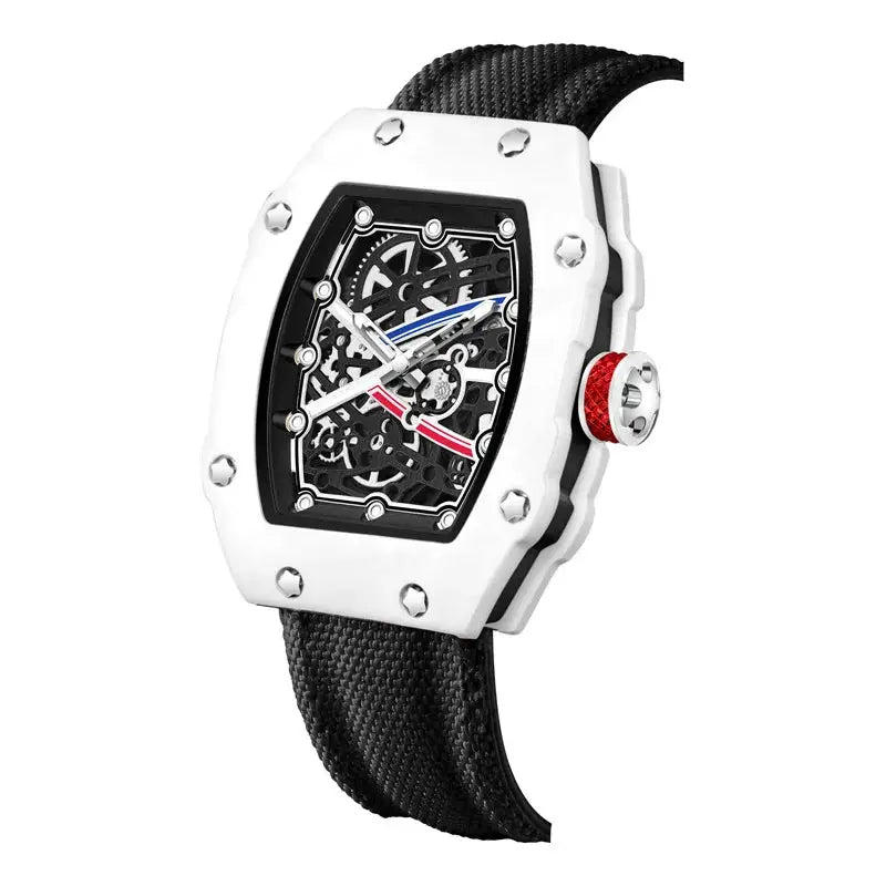 Tonneau skeleton quartz watch with white case and black nylon strap by Simples Market.