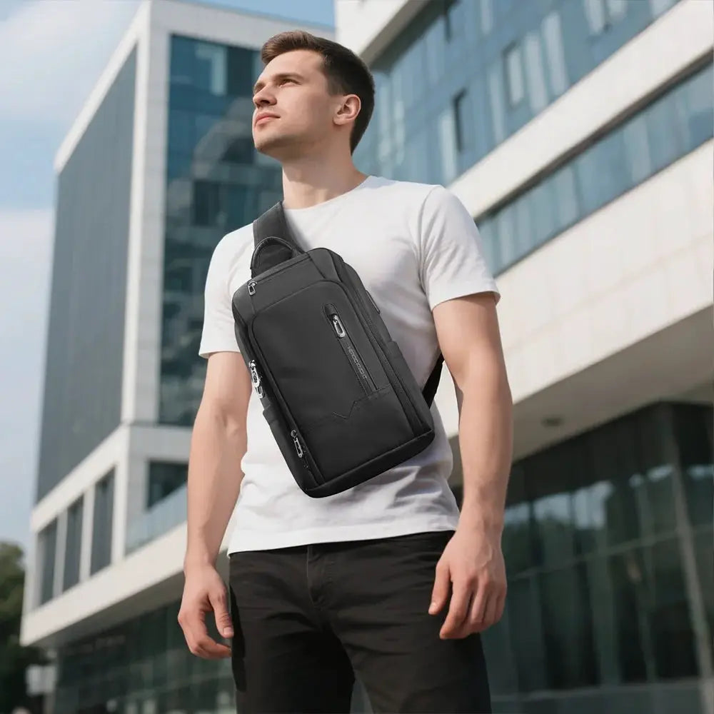 HK anti-theft men's shoulder bag by Simples Market in black Oxford fabric with multiple pockets