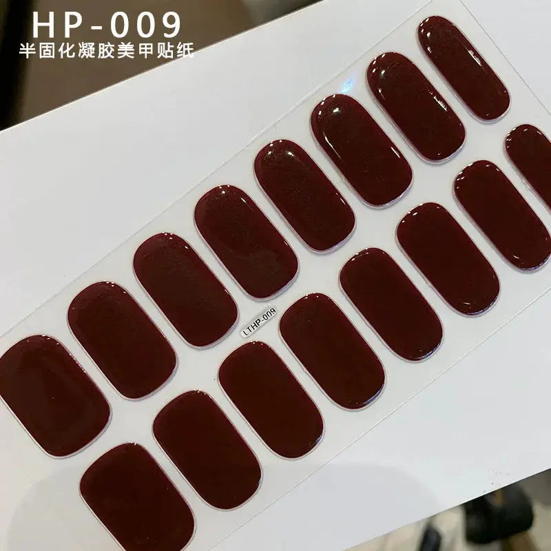 Gel nail wrap sheet with burgundy full-cover decals for UV-curable manicure