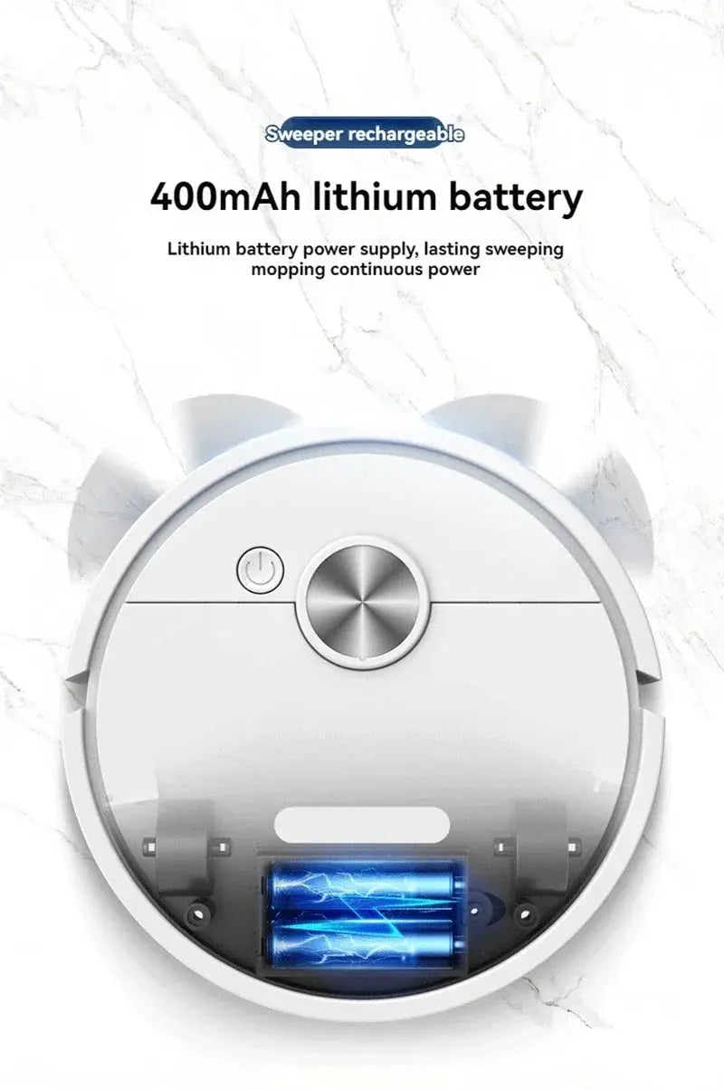 White circular smart vacuum cleaning robot with visible 400mAh lithium battery