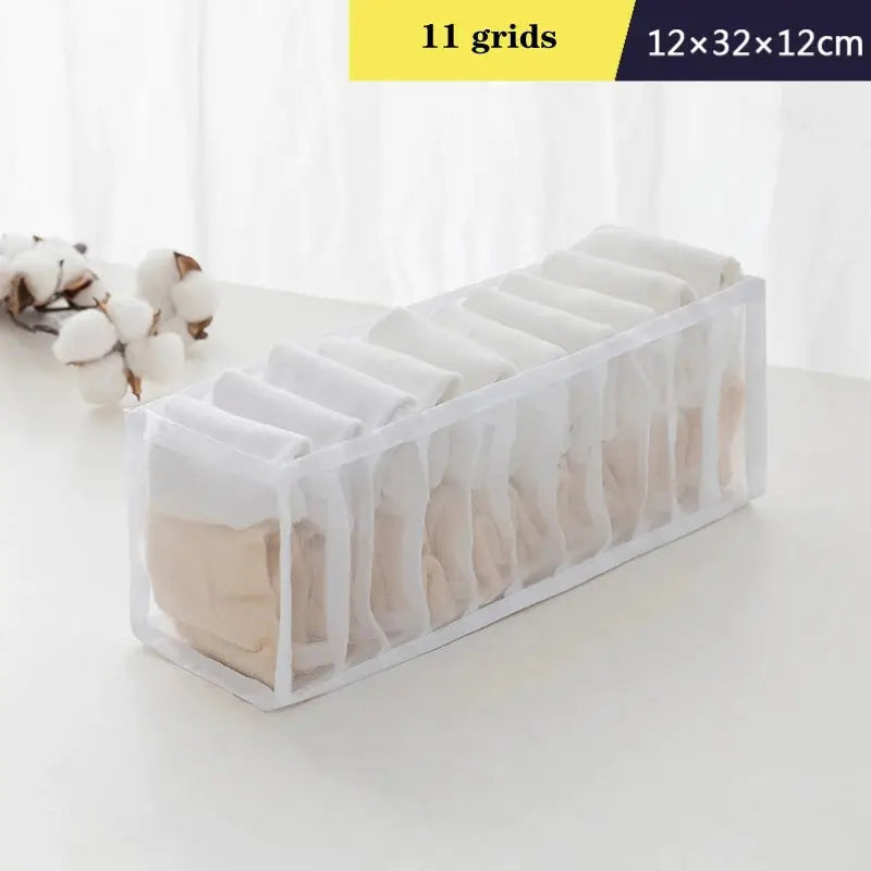 Simples Market underwear and sock organizer, white fabric storage box with 11 grid compartments, 12×32×12 cm
