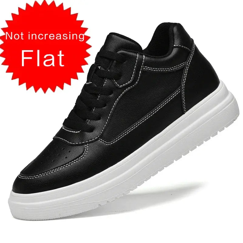 Simples Market men's black leather elevator sneakers with white sole, casual fashion footwear