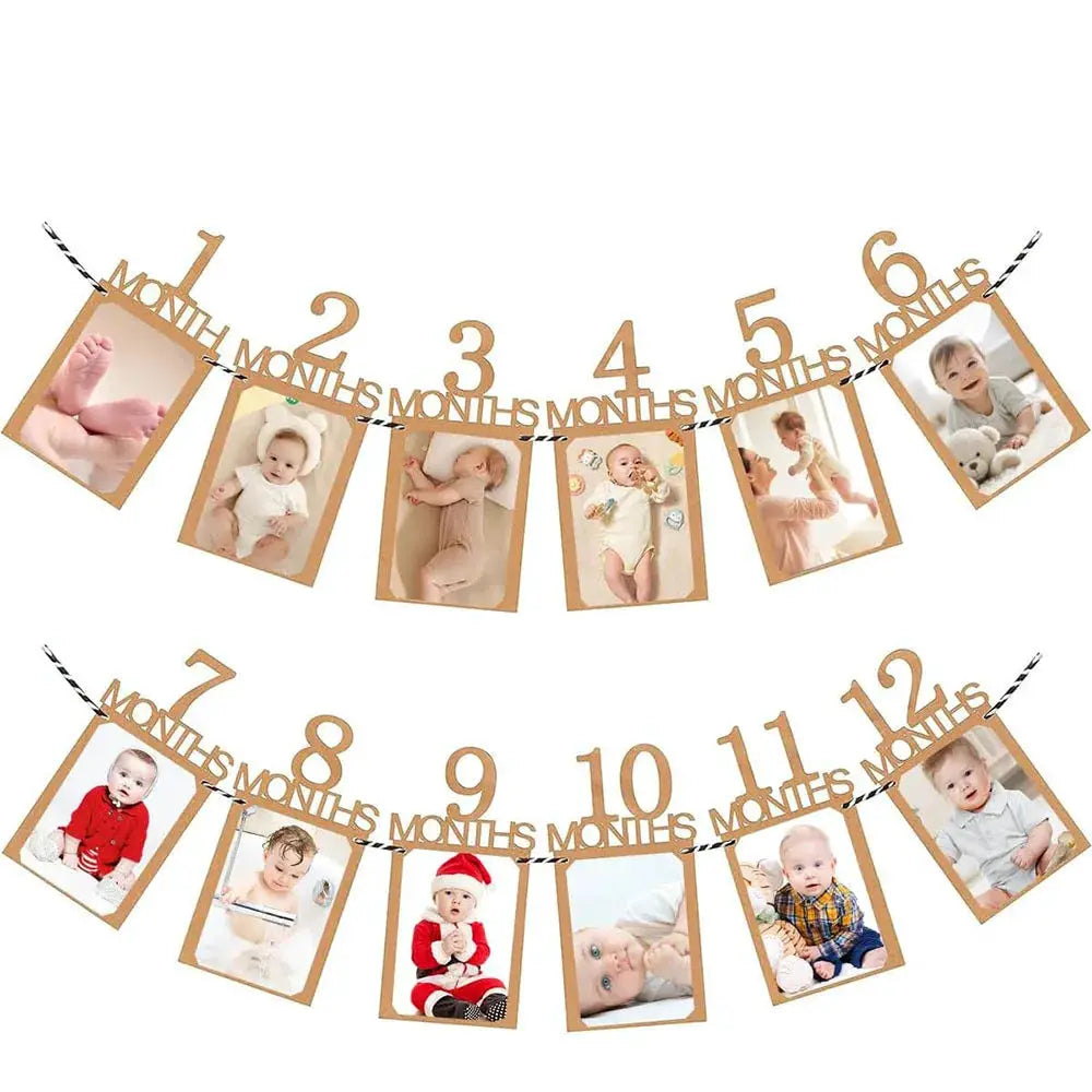Baby First Birthday Banner Growth Record 1-12 Months Kraft Paper Photo Props For Baby Boy Or Girl Party Decoration