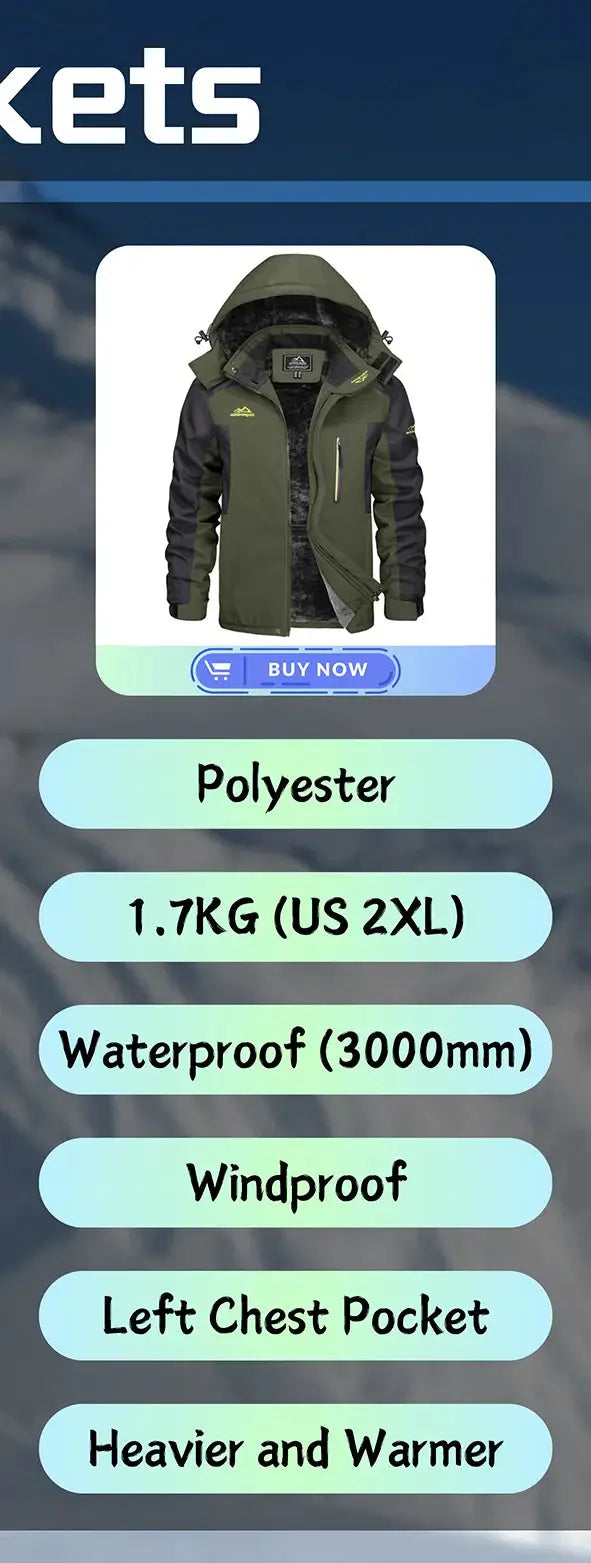 KEFITEVD men's winter ski jacket, waterproof fleece-lined olive green coat with black sleeves