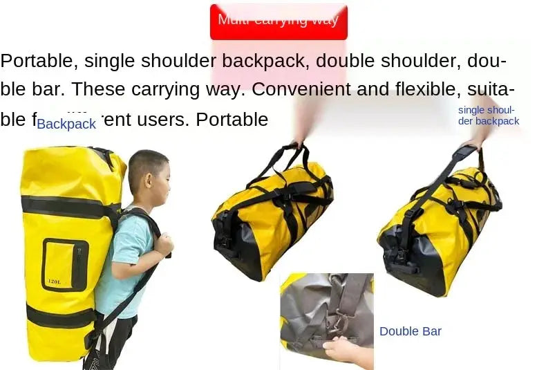 Waterproof duffle bag 40L-120L, yellow with black straps, motorcycle tail bag for outdoor adventures