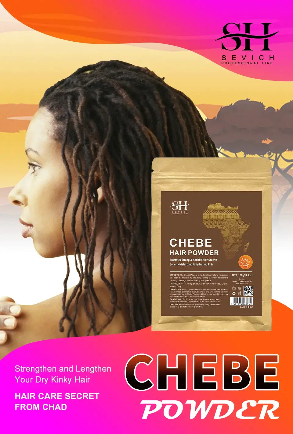 100% Natural Chebe Powder Natural Ingredients Promotes Hair Strengthens & Thickens Anti Hair Loss Hair Regrowth Treatment
