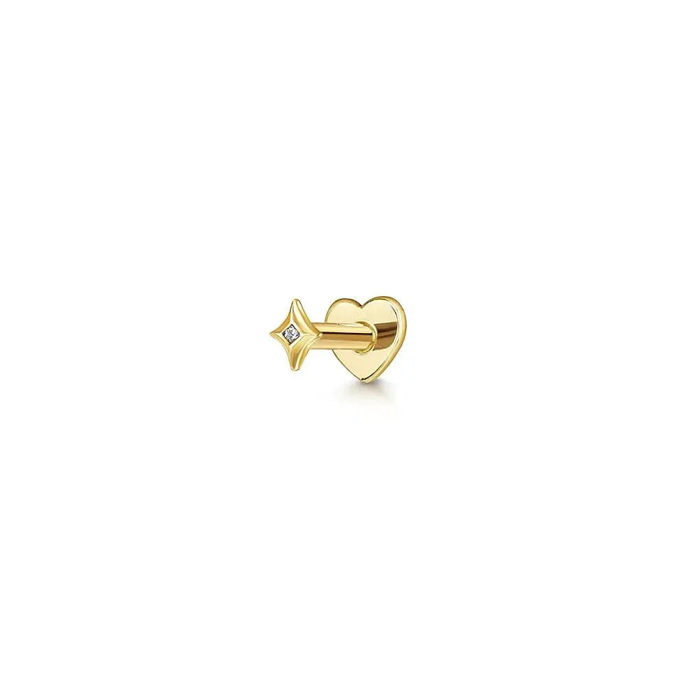 Gold-tone heart stud earring with star-shaped front featuring a zircon