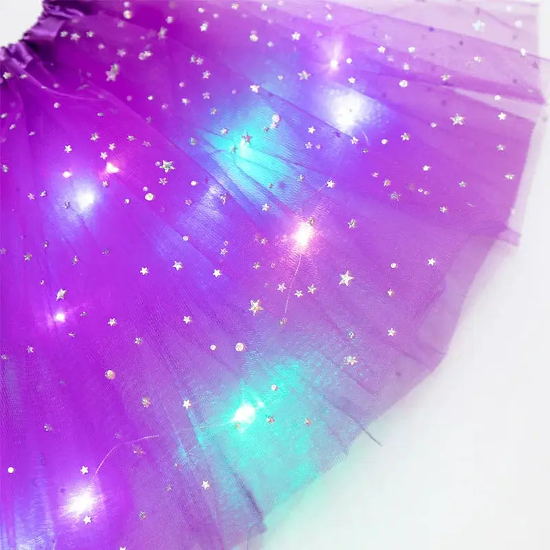 LED glowing purple tulle star skirt for women; short glittery tutu with built-in lights by Simples Market