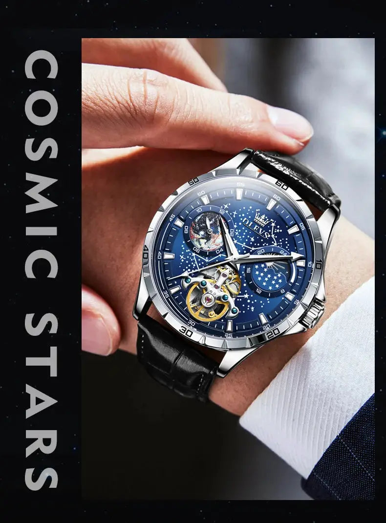 OLEVS Flywheel Skeleton Automatic Watch for men with blue starry sky dial and black leather strap